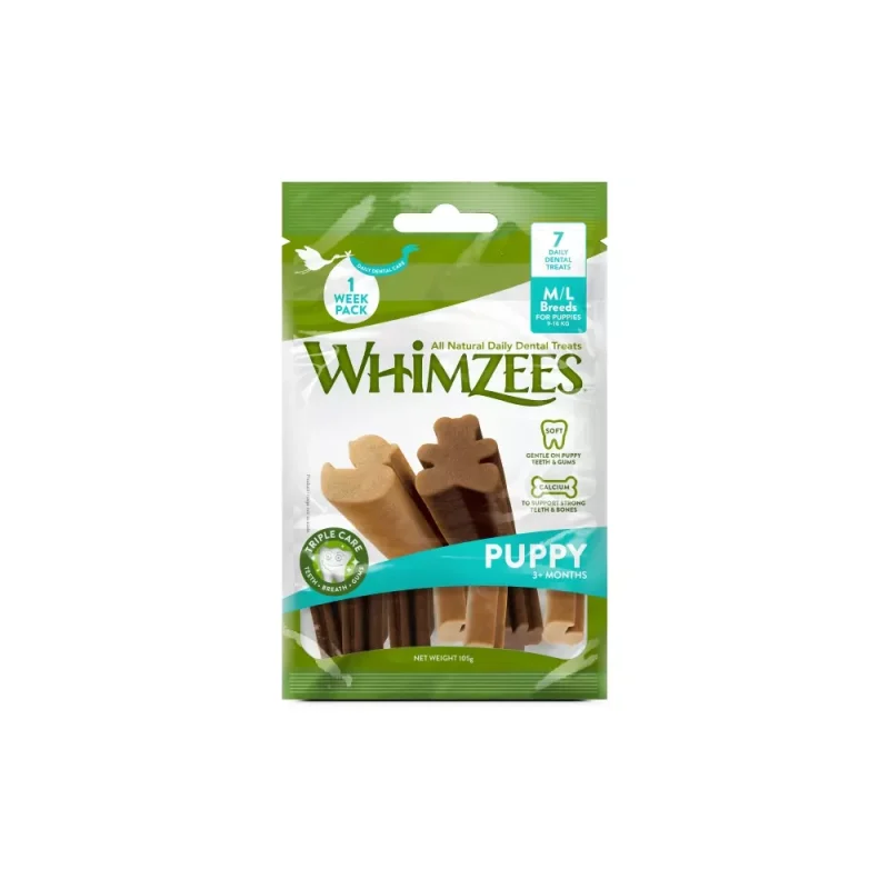 Pose med Whimzees Puppy Value Bag M/L til medium og store valper
