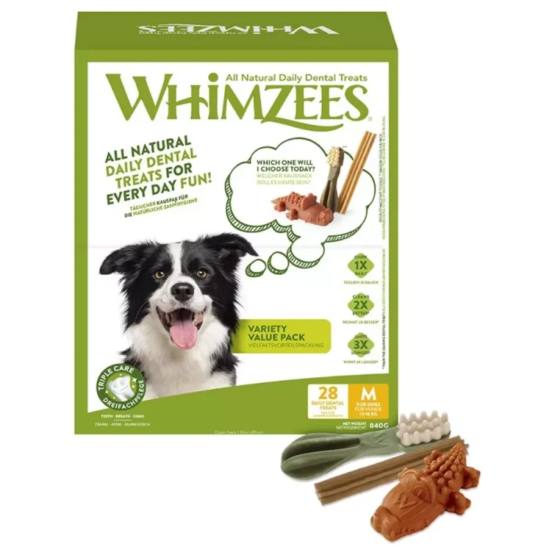 Eske med Whimzees Dog Chews Variety Box M for hunder i medium størrrelse