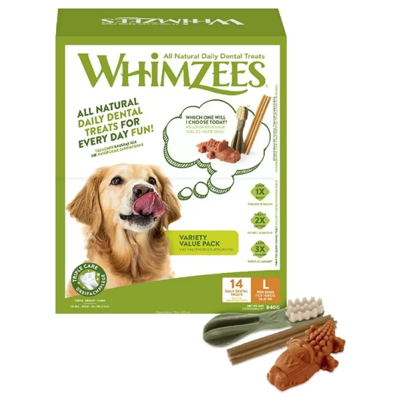 Eske med Whimzees Dog Chews Variety Box L for hunder av stor størrelse